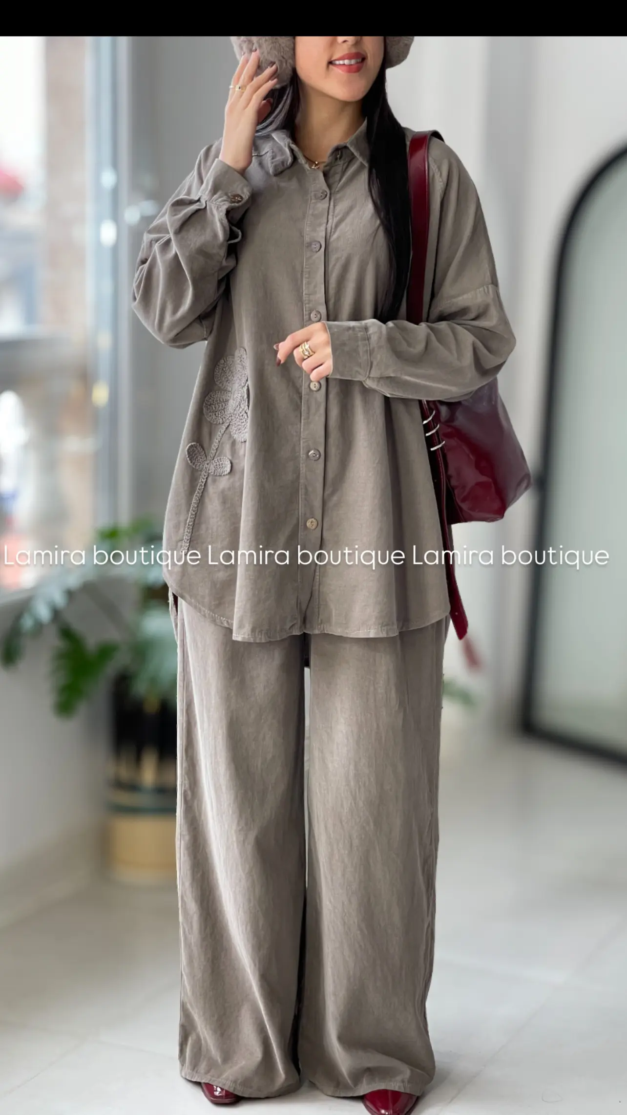 ست مانتو شلوار ایتالیایی مخمل کبریتی ساده تگ گل